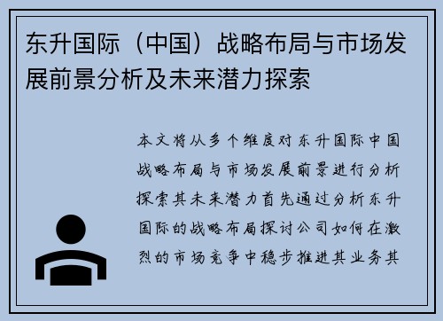 东升国际（中国）战略布局与市场发展前景分析及未来潜力探索