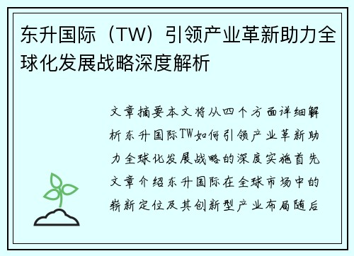 东升国际（TW）引领产业革新助力全球化发展战略深度解析